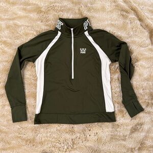 PINK Victoria's Secret Ultimate Army Green & White Half-Zip Pullover ~Thumbholes